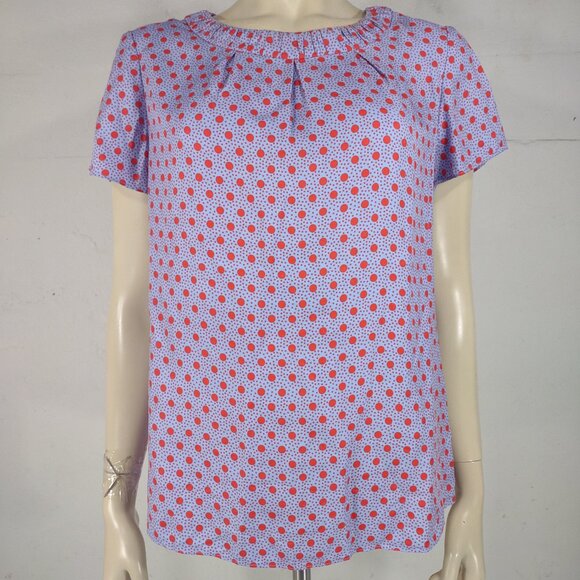 Boden blue red polka dot round neck keyhole back short sleeve blouse ladies 10 - Picture 1 of 9